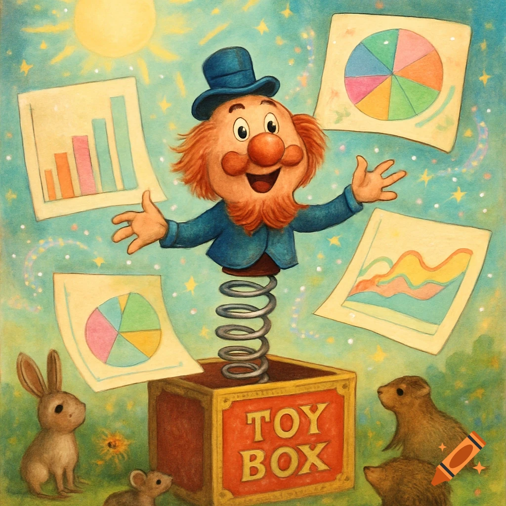 A cheerful, bearded jack-in-the-box character in a blue hat and jacket emerges from a red box, surrounded by floating pie, bar, and line graphs. Small animals, including a rabbit, mouse, and two groundhogs, watch from the grass below.