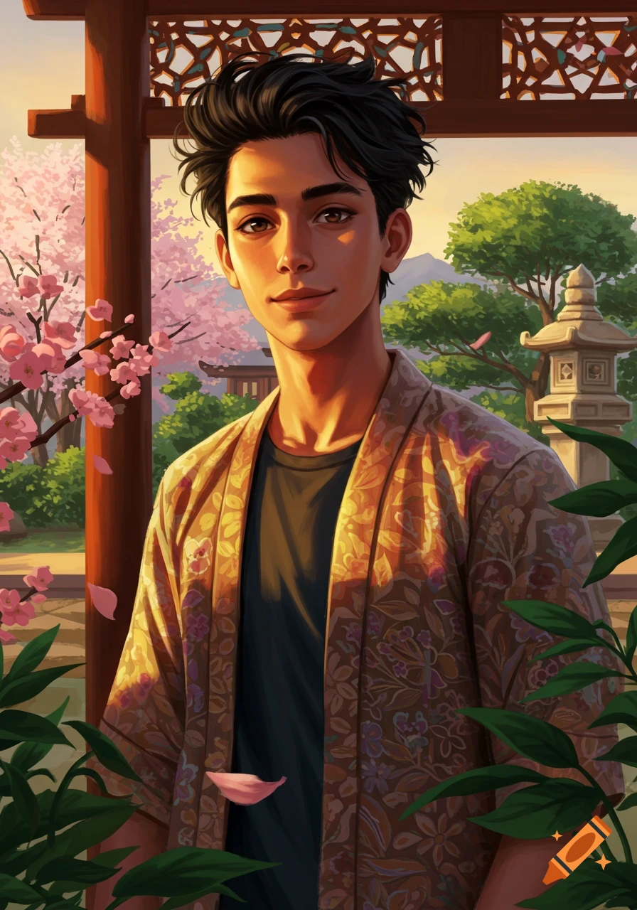 An illustration of a young man with dark hair and olive skin wearing a patterned robe, standing in a cherry blossom garden with traditional architecture.