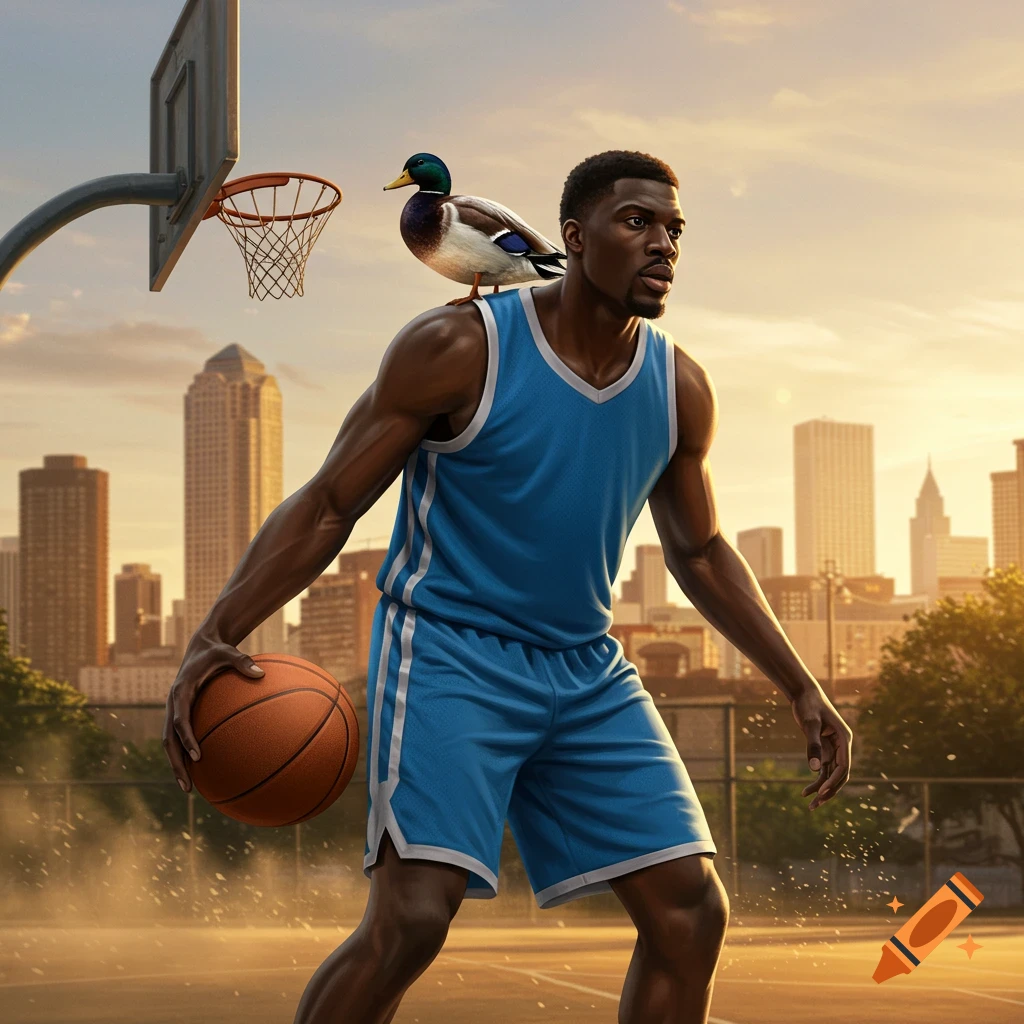 Photorealistic image of a basketball player with a duck on his shoulder, holding a ball on an outdoor court at sunset.
