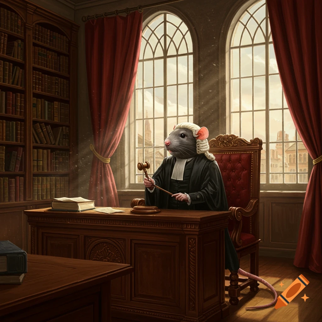 An anthropomorphic rat dressed as a judge in a powdered wig sits at a large wooden desk in a Victorian-style courtroom with tall arched windows.