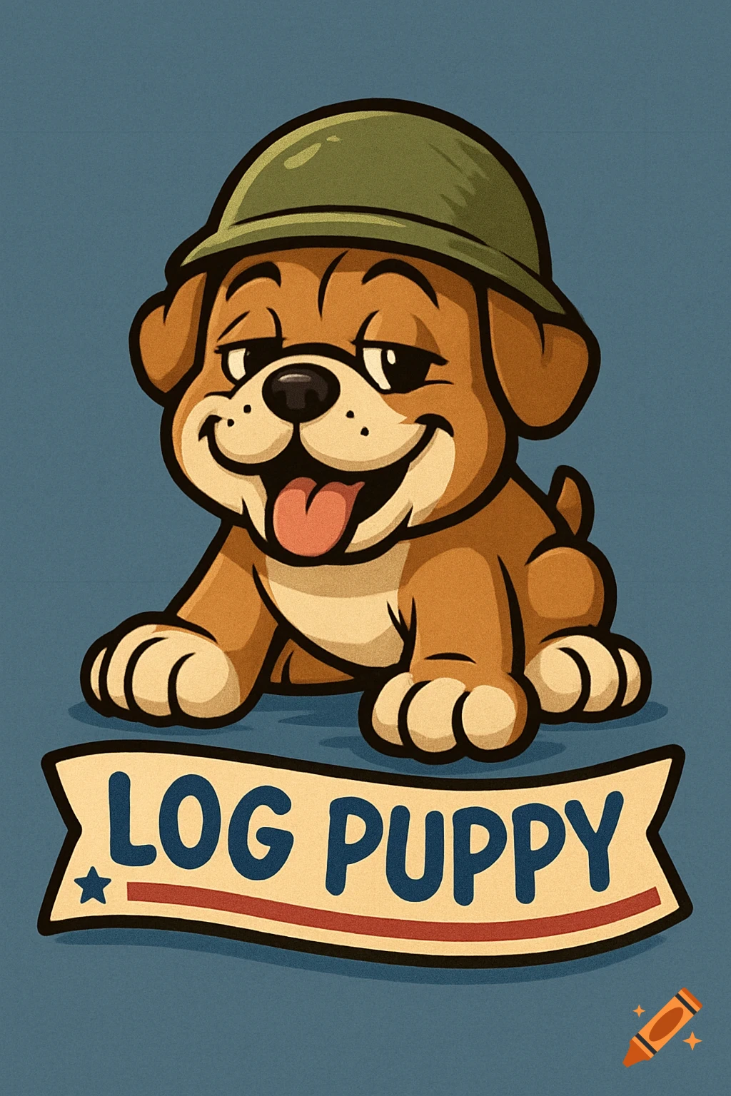 A cartoon brown bulldog puppy wearing a green military helmet smiles. A banner below reads "LOG PUPPY".