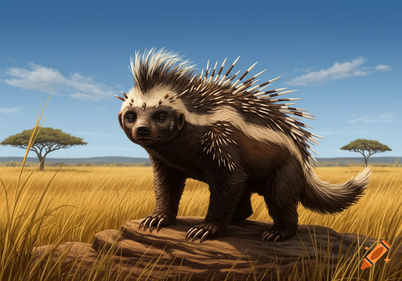 A honey badger-like creature with porcupine quills stands on a log in a grassy savanna under a blue sky.