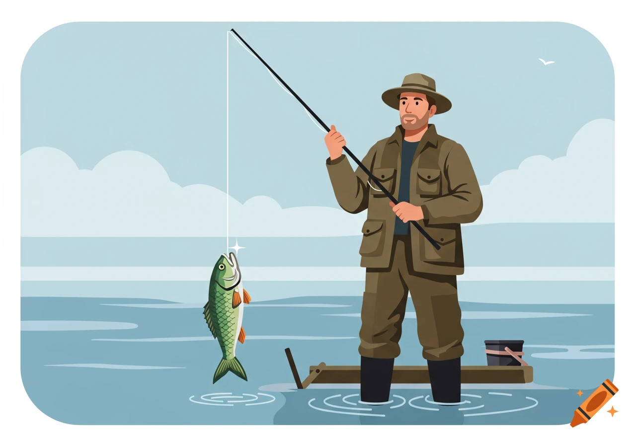 Illustration of a man in a hat and waders fishing, holding a rod with a fish on the line.