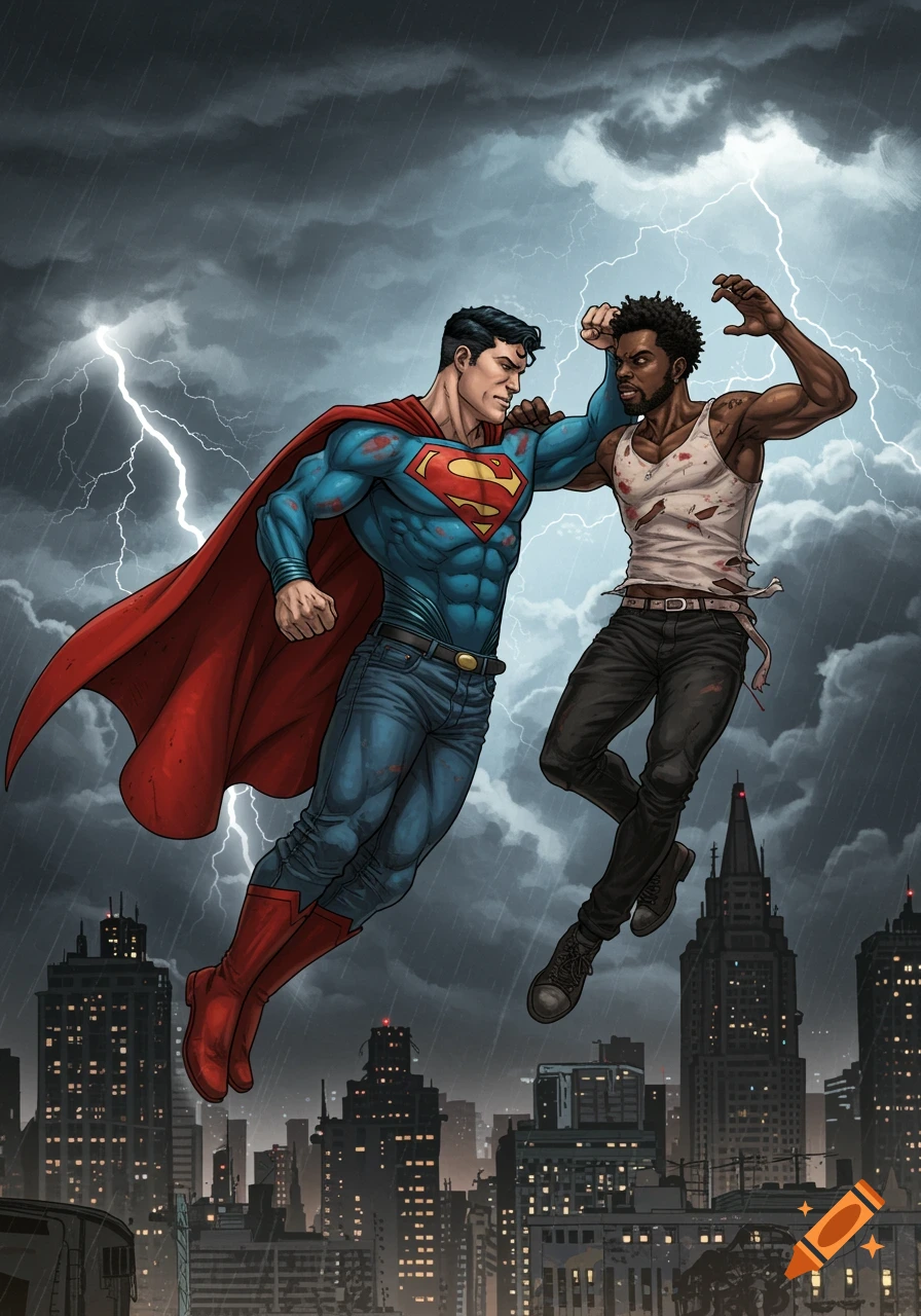 Superman fights a man in a ripped tank top above a city under a stormy, lightning-filled sky, in a comic book art style.