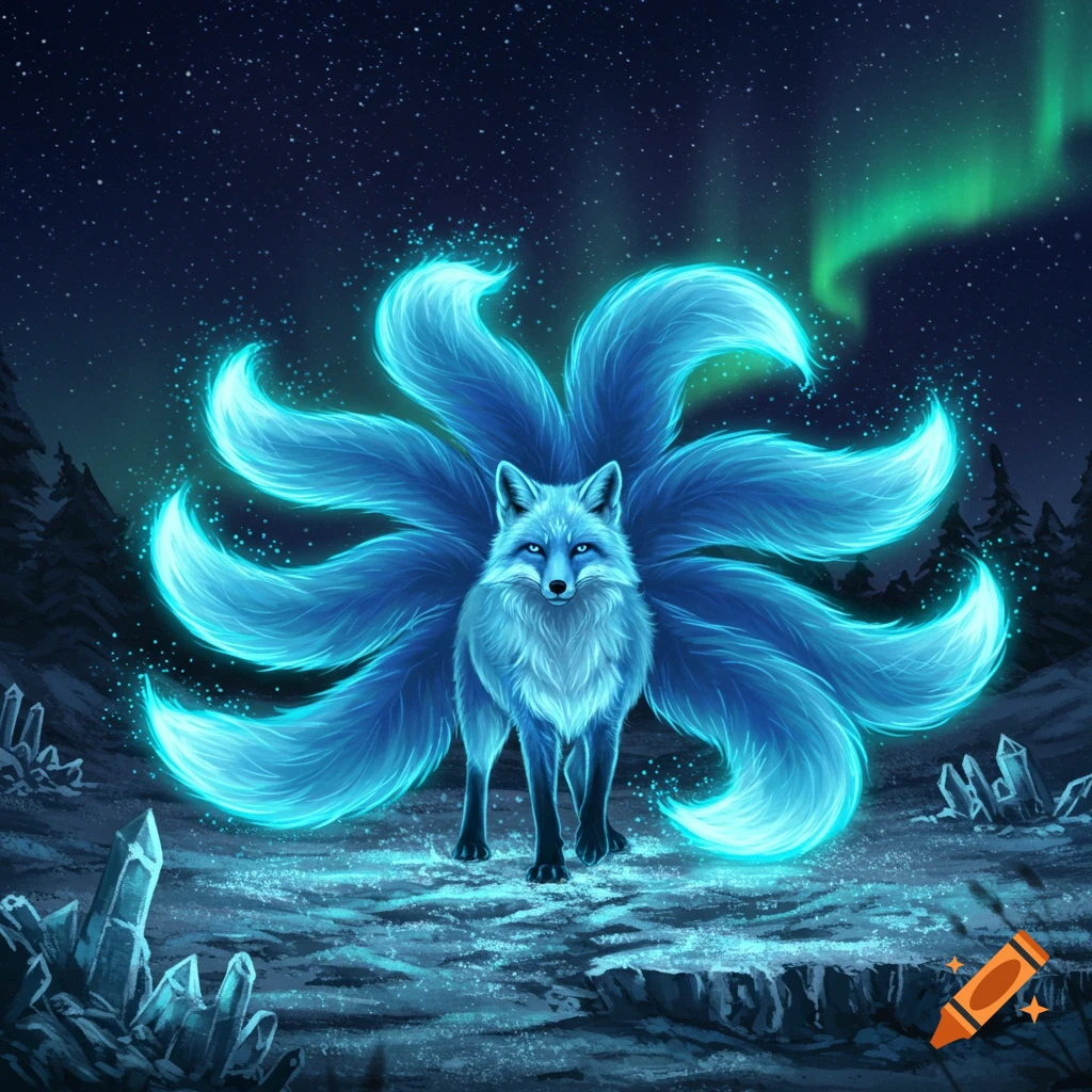 A vibrant blue eight-tailed fox with an aura stands in a snowy landscape with glowing crystals under a starry sky with aurora.
