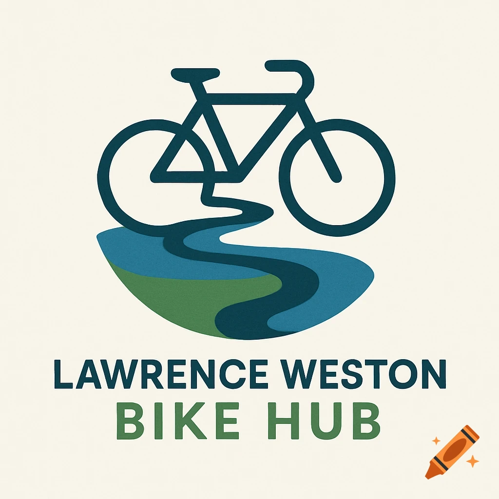 A clean logo featuring a stylized bicycle over a blue river and green land shape, with text 'LAWRENCE WESTON BIKE HUB' below.