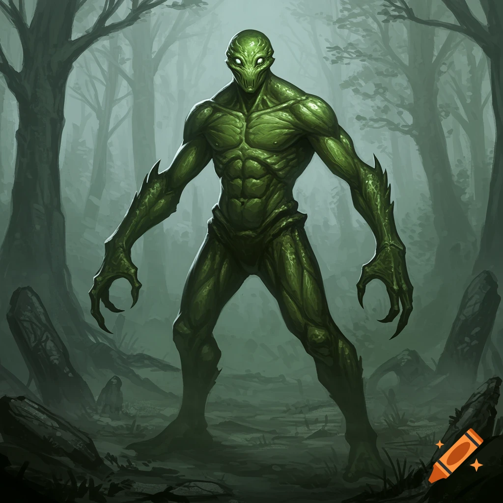 A tall, muscular green humanoid monster with glowing eyes and chitin skin stands in a dark, misty forest.