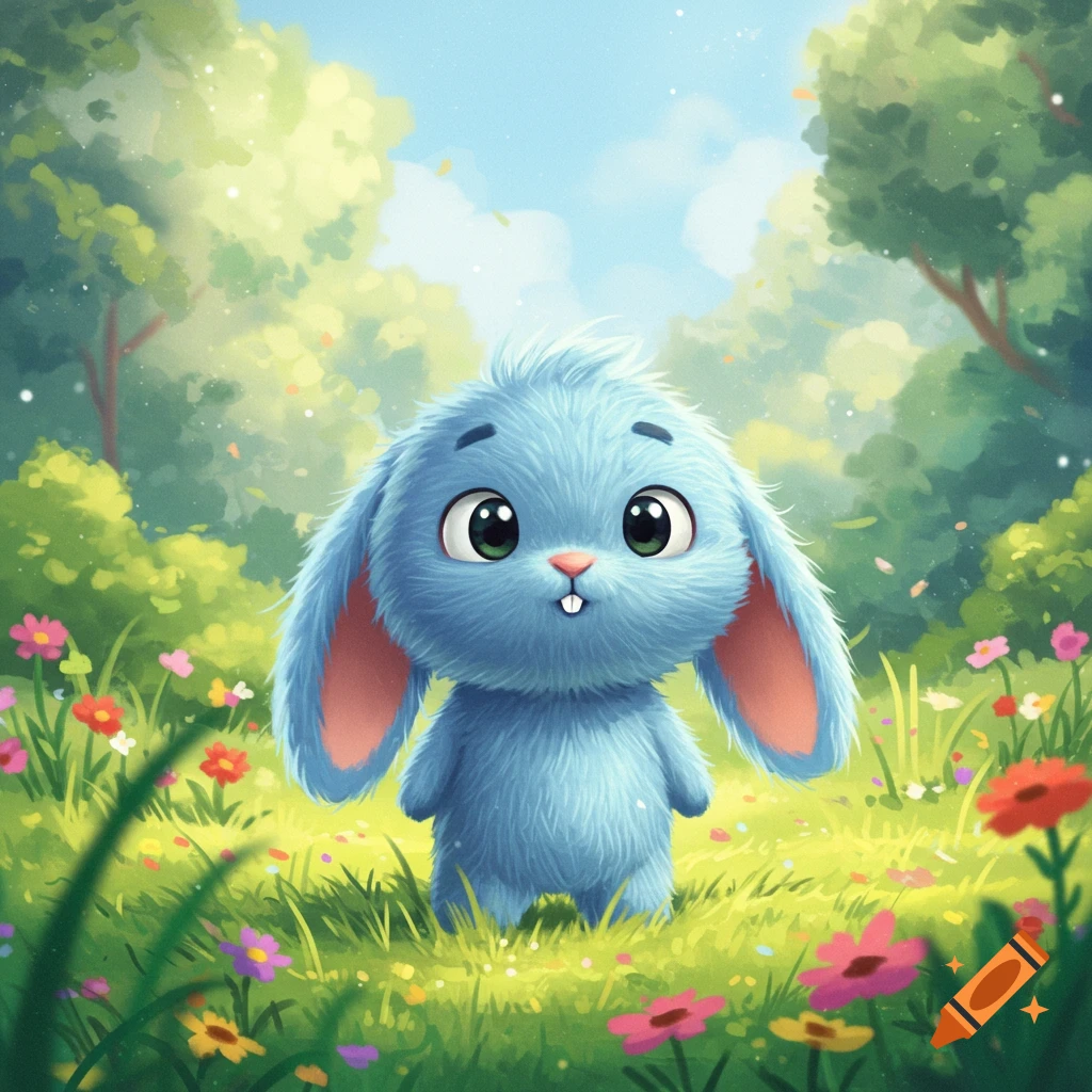 A cute blue furry cartoon bunny with large eyes stands in a vibrant green field with colorful flowers under a bright sky.