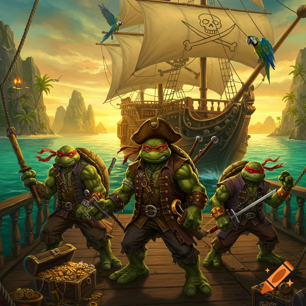 Three anthropomorphic pirate turtles stand on a ship deck at sunset, with a large pirate ship behind them and islands in the distance. Vibrant illustration.