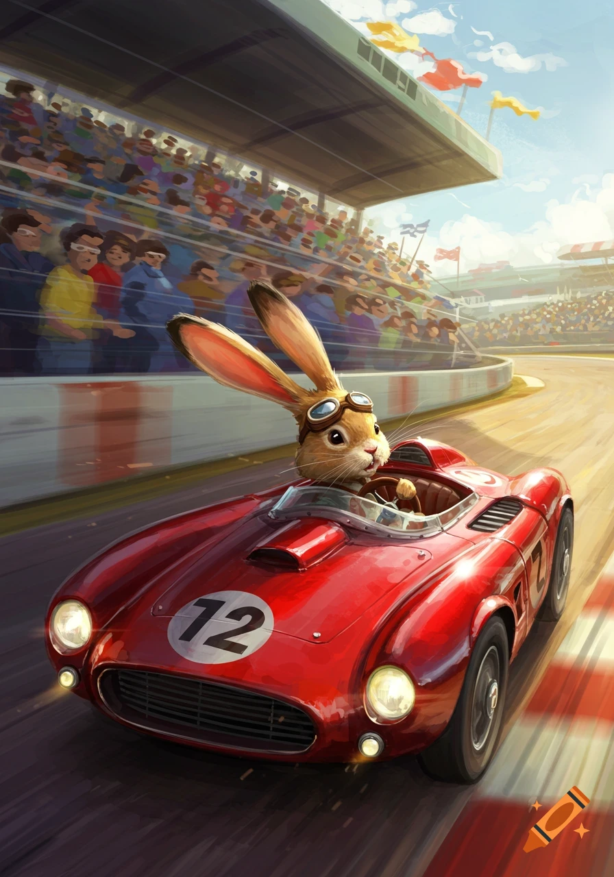 A cute cartoon bunny wearing goggles drives a red vintage racecar with the number 72 on a track with cheering spectators.