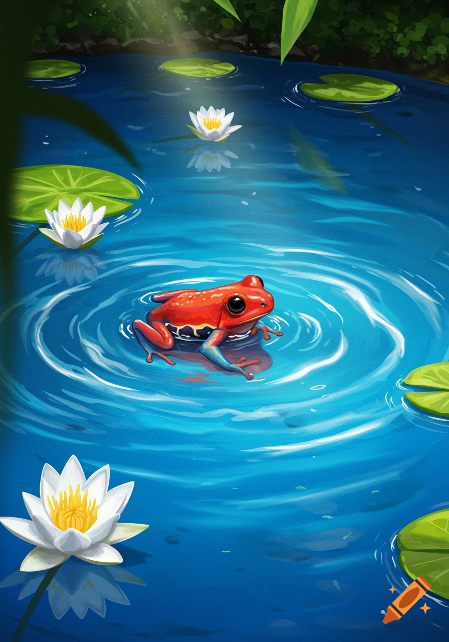 An illustration of a red frog with blue and black markings in a blue pond, surrounded by white water lilies and green lily pads.
