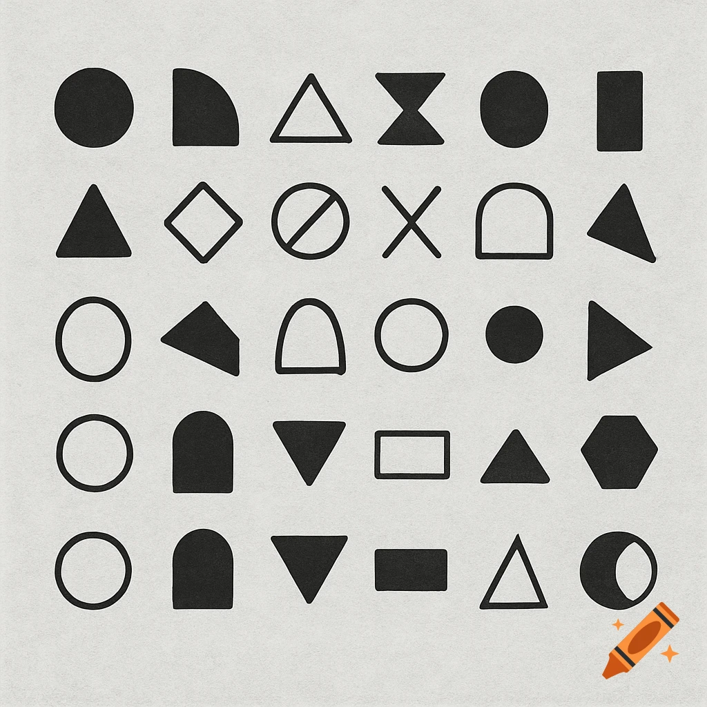 A grid of various black geometric and abstract shapes, both filled and outlined, on a light grey textured background.