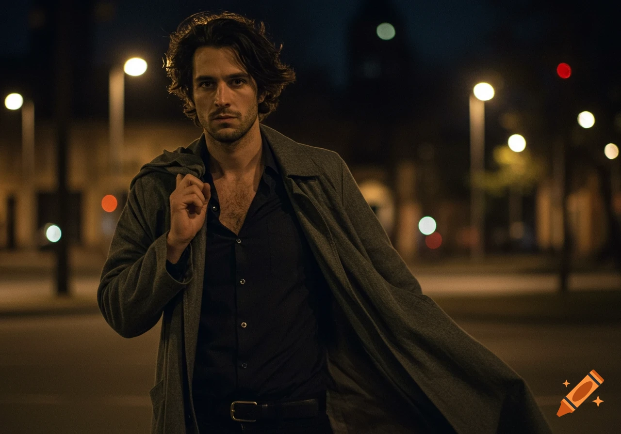 Photorealistic portrait of a man with dark hair and an open shirt under a gray coat, standing at night with blurred streetlights.