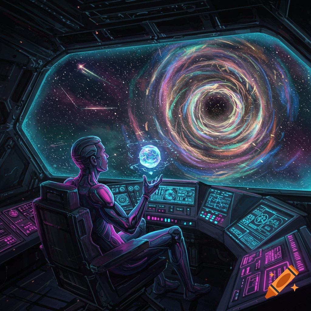 A humanoid figure sits in a futuristic spaceship cockpit, gazing at a vibrant, swirling wormhole in space while holding a glowing orb.