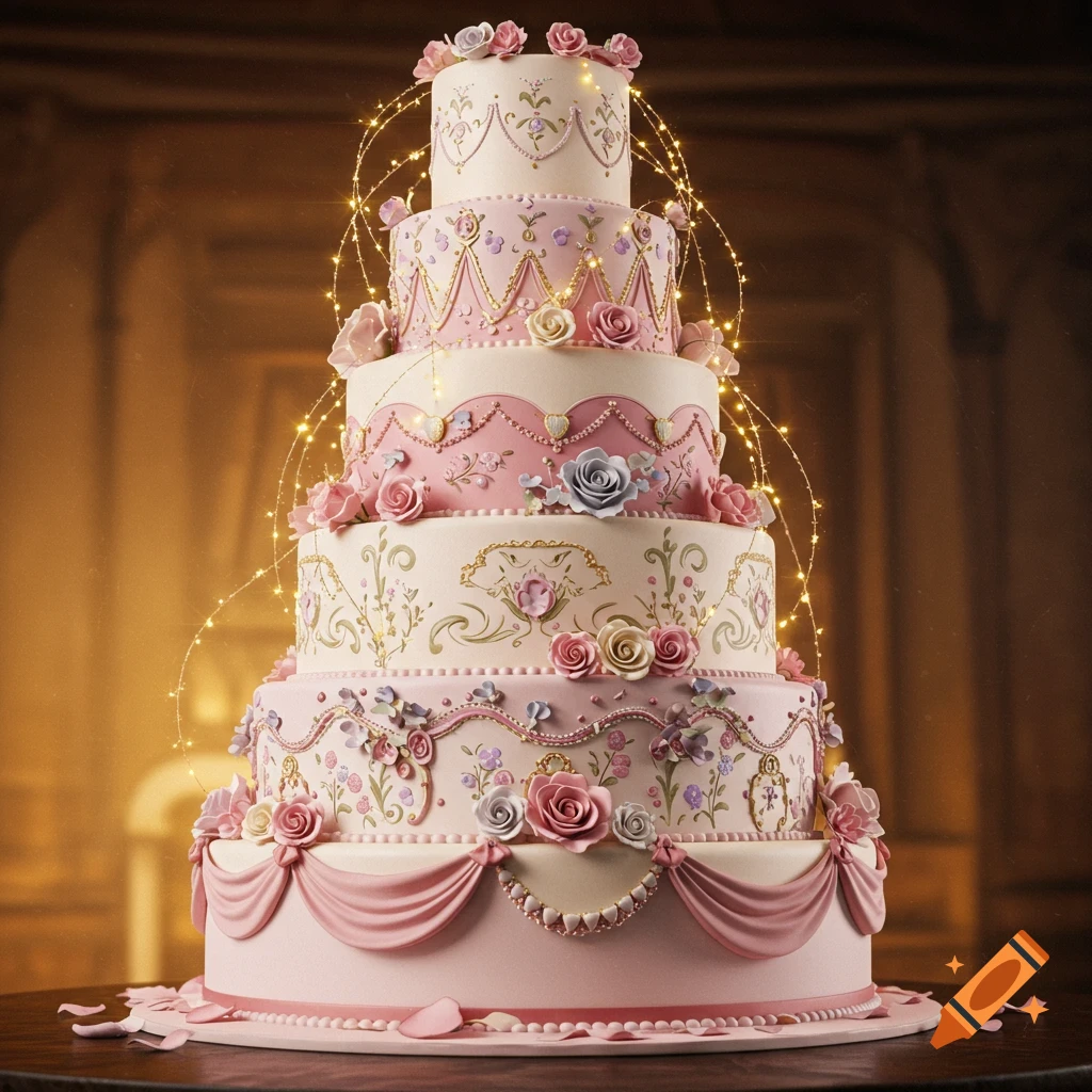 A lavish, multi-tiered pink and white cake with intricate floral patterns, gold details, and twinkling fairy lights.