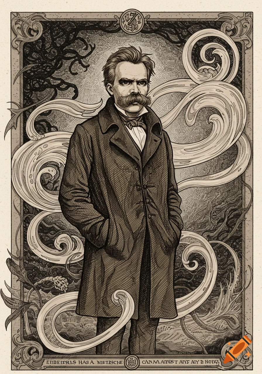Engraving-style portrait of Friedrich Nietzsche with a mustache, wearing a coat, framed by swirling patterns and dark tendrils.