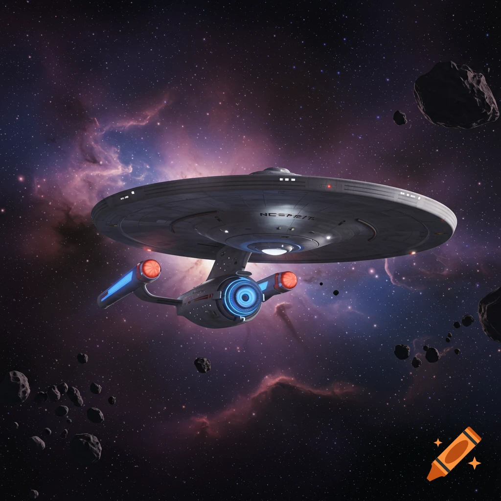 A detailed view of the USS Enterprise NCC-1701 spaceship flying through space with a purple nebula and asteroids.