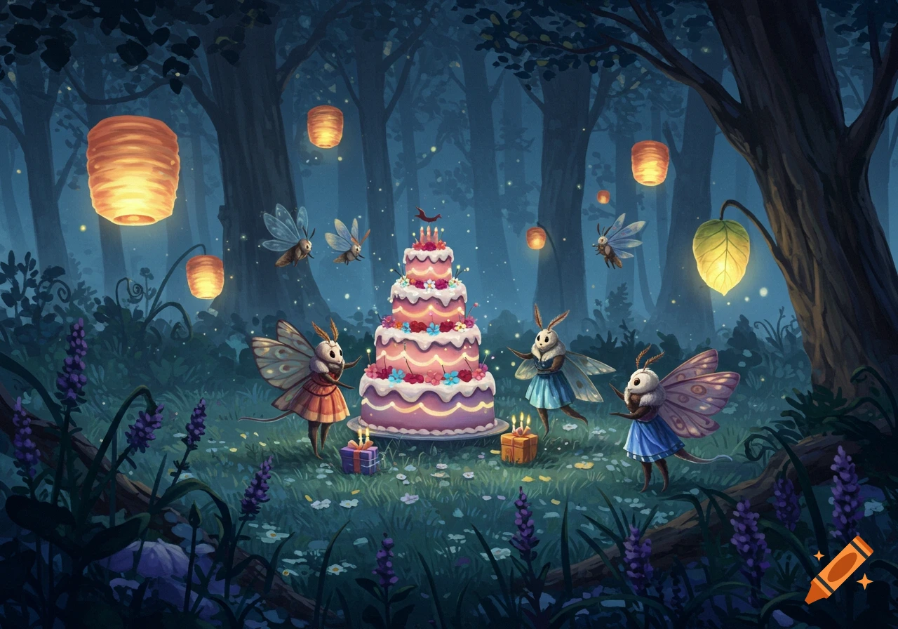 Anthropomorphic moths celebrate a birthday with a large cake in a magical, lamp-lit forest at night.