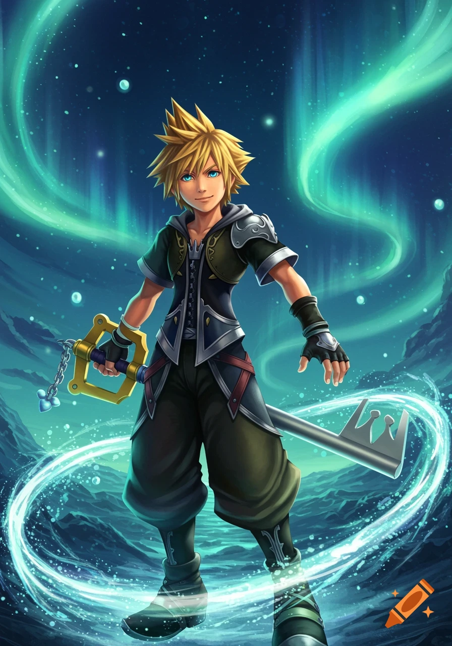 A young blonde anime-style character, Ventus from Kingdom Hearts, holds a keyblade amidst glowing blue and green magical energy.