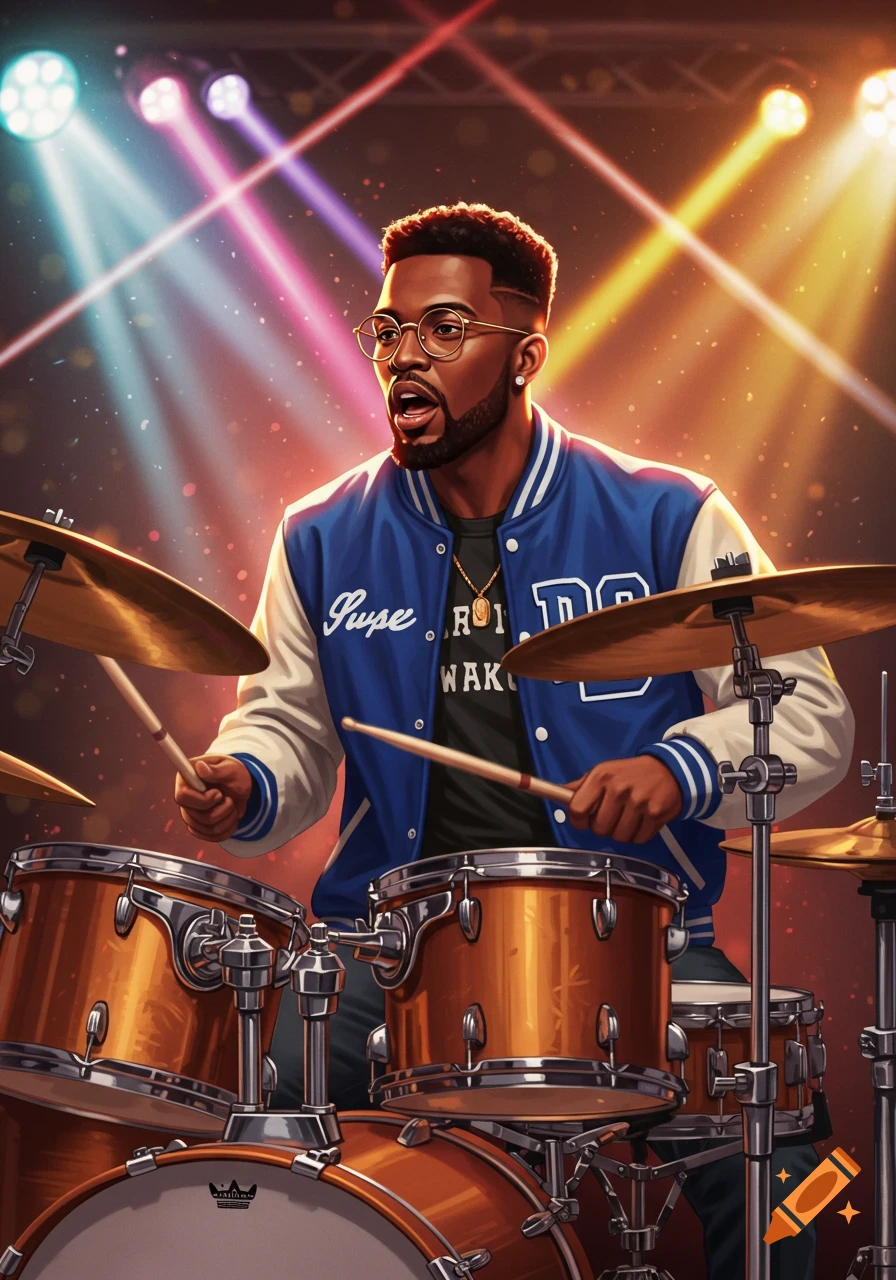 A man with a beard and glasses in a blue letterman jacket plays drums on a stage with colorful spotlights.