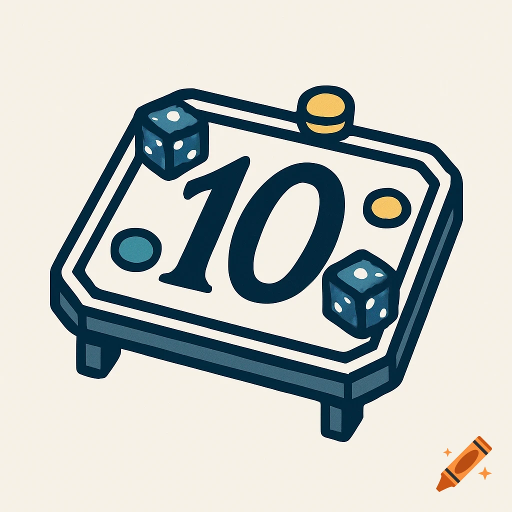 A stylized logo of a board game table with the number 10 and dice.