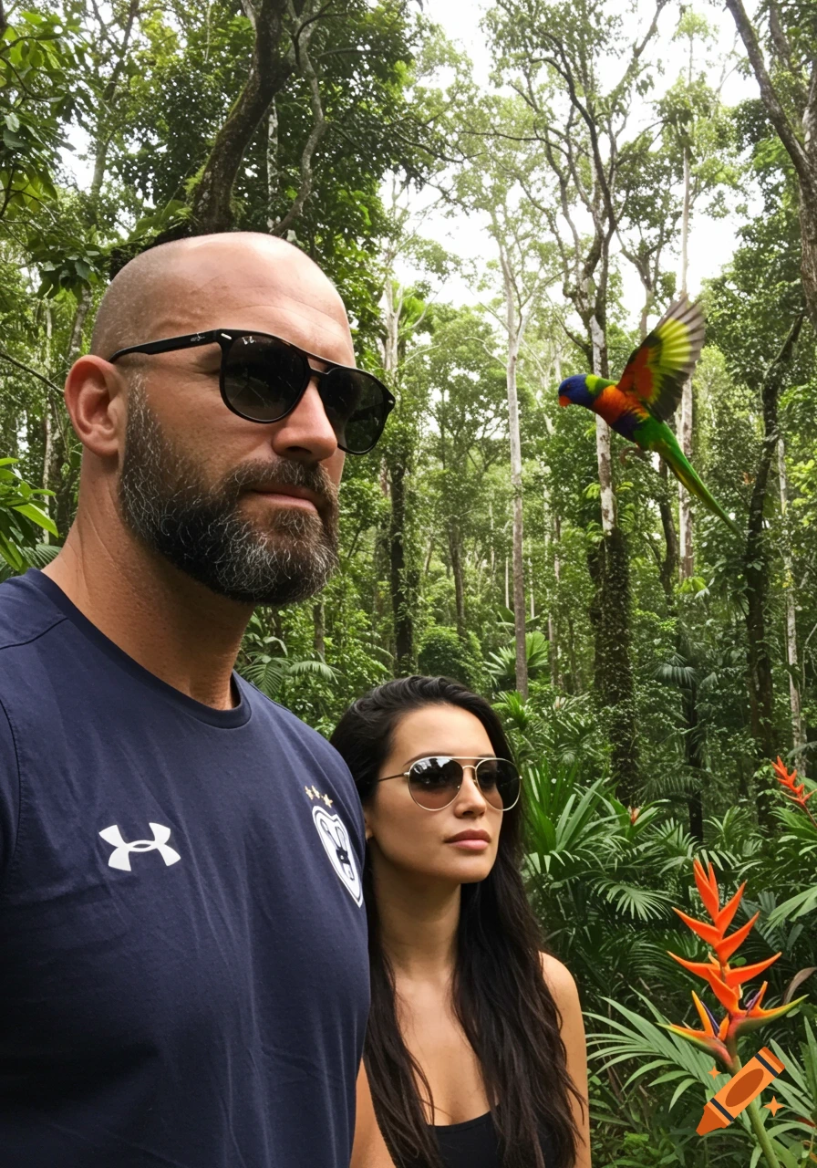 A man and woman in sunglasses standing in a lush tropical forest with a colorful parrot flying nearby.