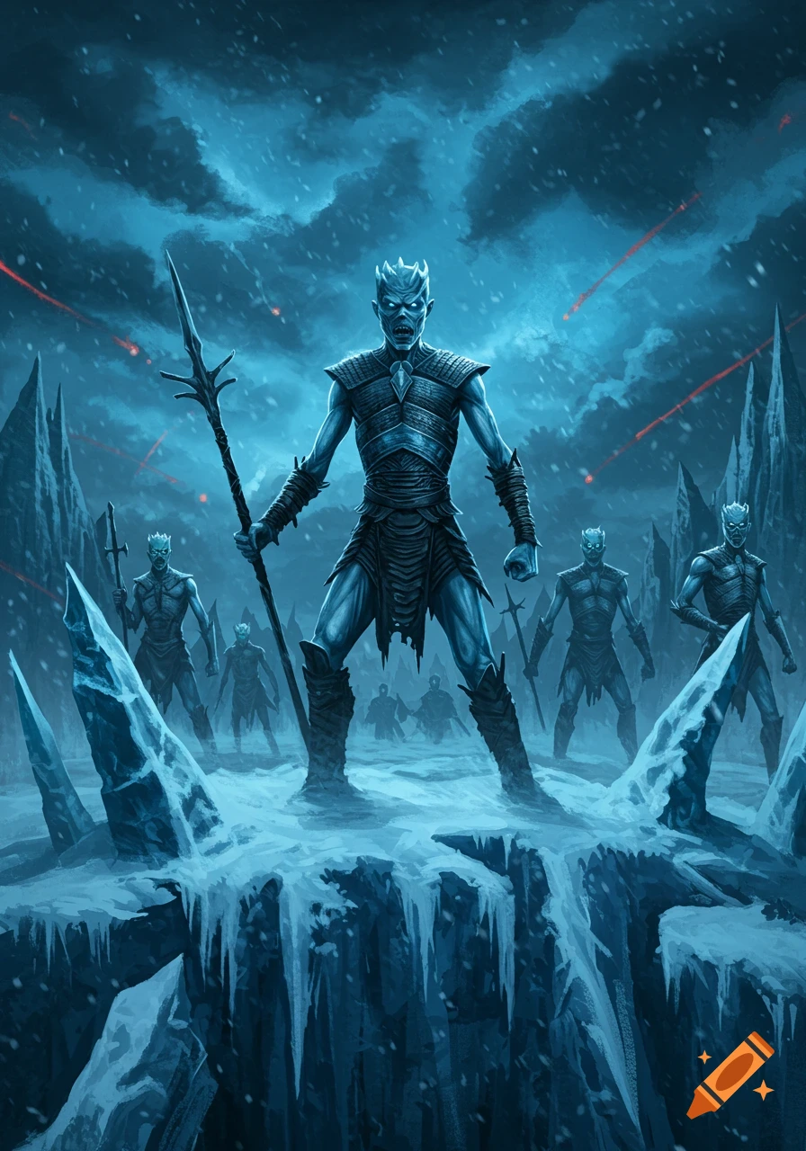 An army of menacing, blue-skinned White Walkers in armor, led by the Night King holding a spear, stand in a snowy, icy landscape under a dark blue sky, in a stylized fantasy art style.