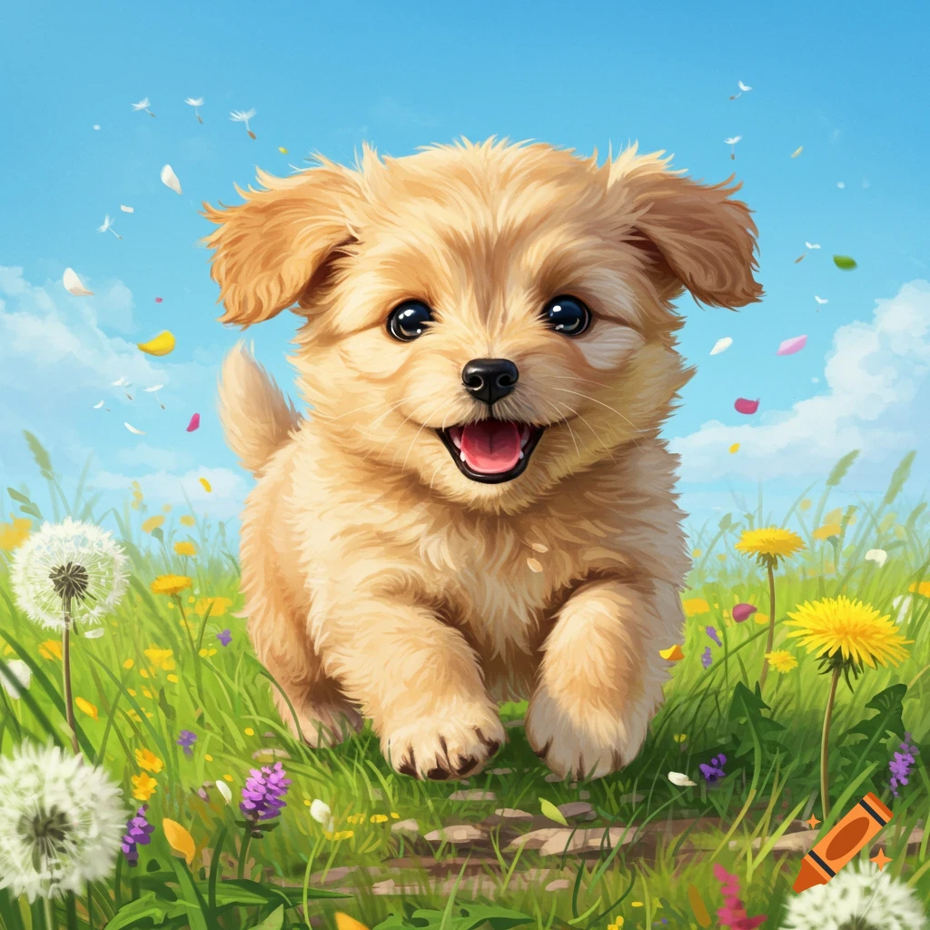 A fluffy golden puppy with a happy expression runs through a vibrant green field filled with colorful flowers and dandelions under a blue sky.