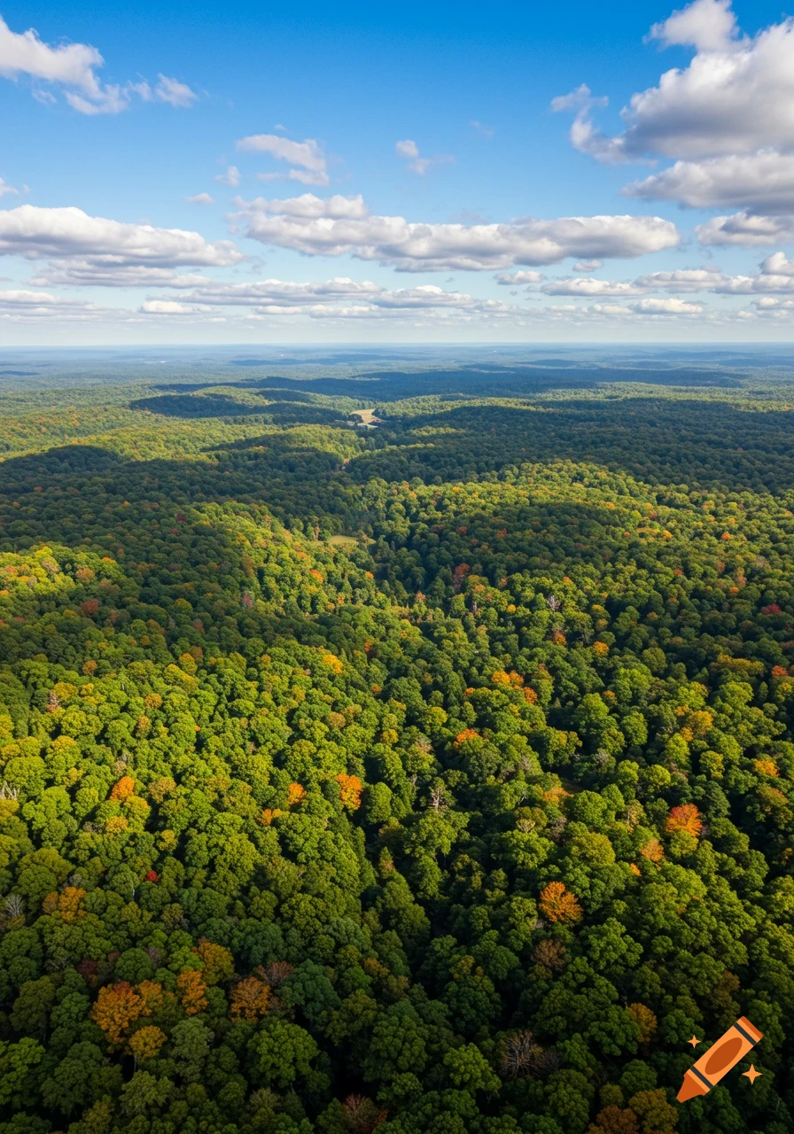 Aerial view of a vast green forest with scattered orange and red autumn trees under a bright blue sky with white clouds.