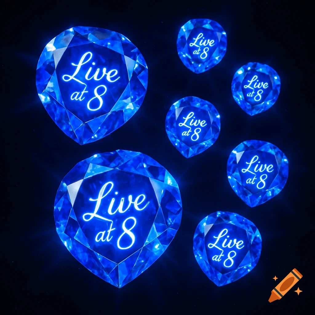Multiple glowing blue sapphires with the text 'Live at 8' on a dark background.
