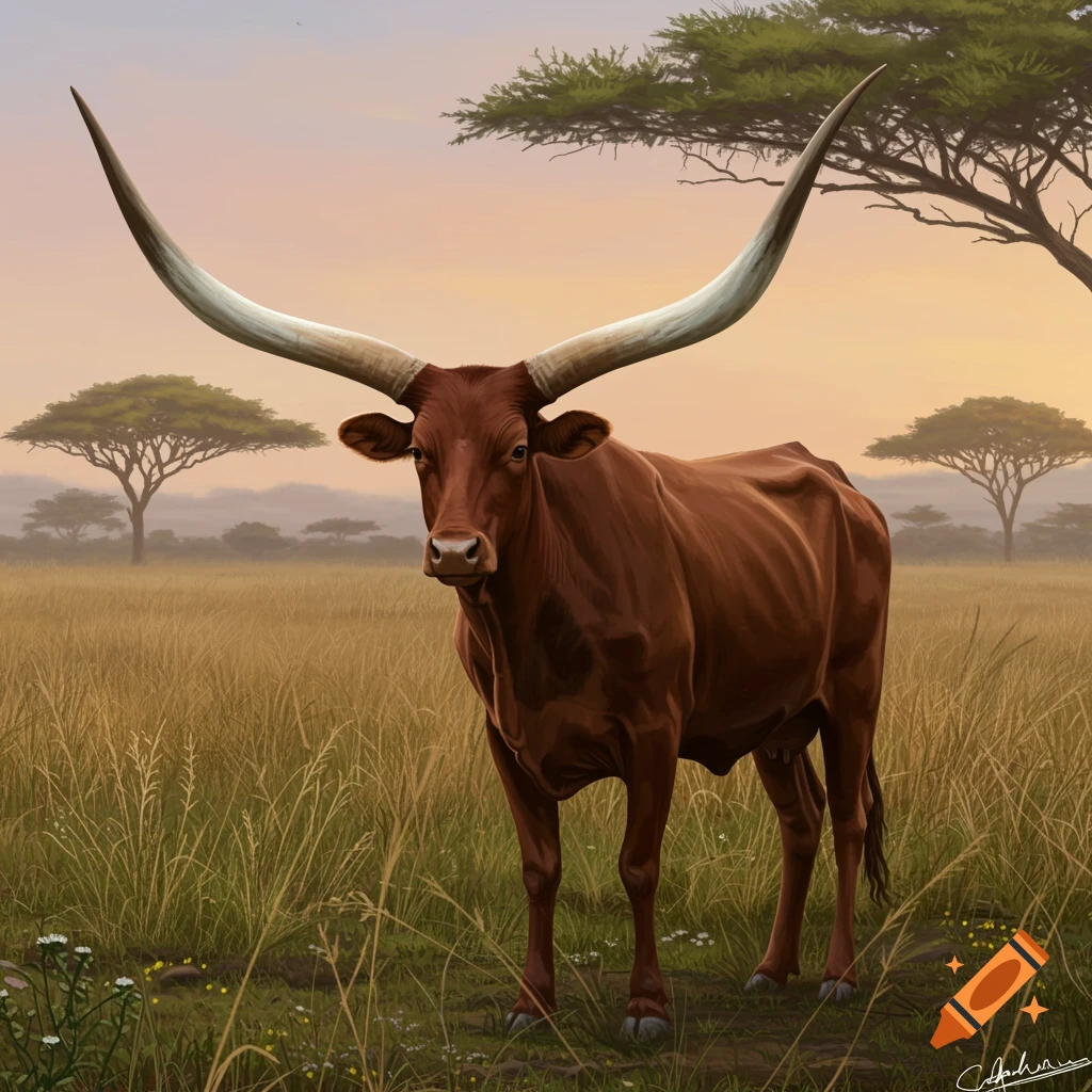 A brown Ankole Watusi cow with enormous horns stands in a grassy field with acacia trees at sunset.