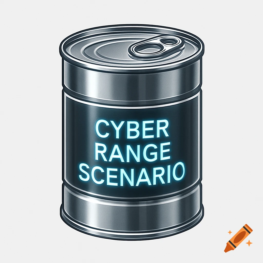 An icon of a metallic tin can with a glowing blue label that reads 'CYBER RANGE SCENARIO'.