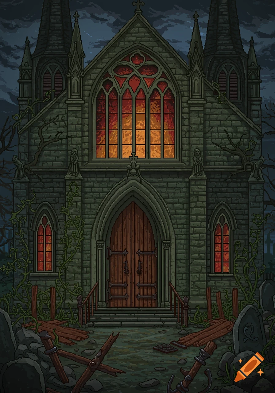 Pixel art of a dilapidated gothic church at night, with glowing orange stained-glass windows, an overgrown facade, and a graveyard in the foreground.