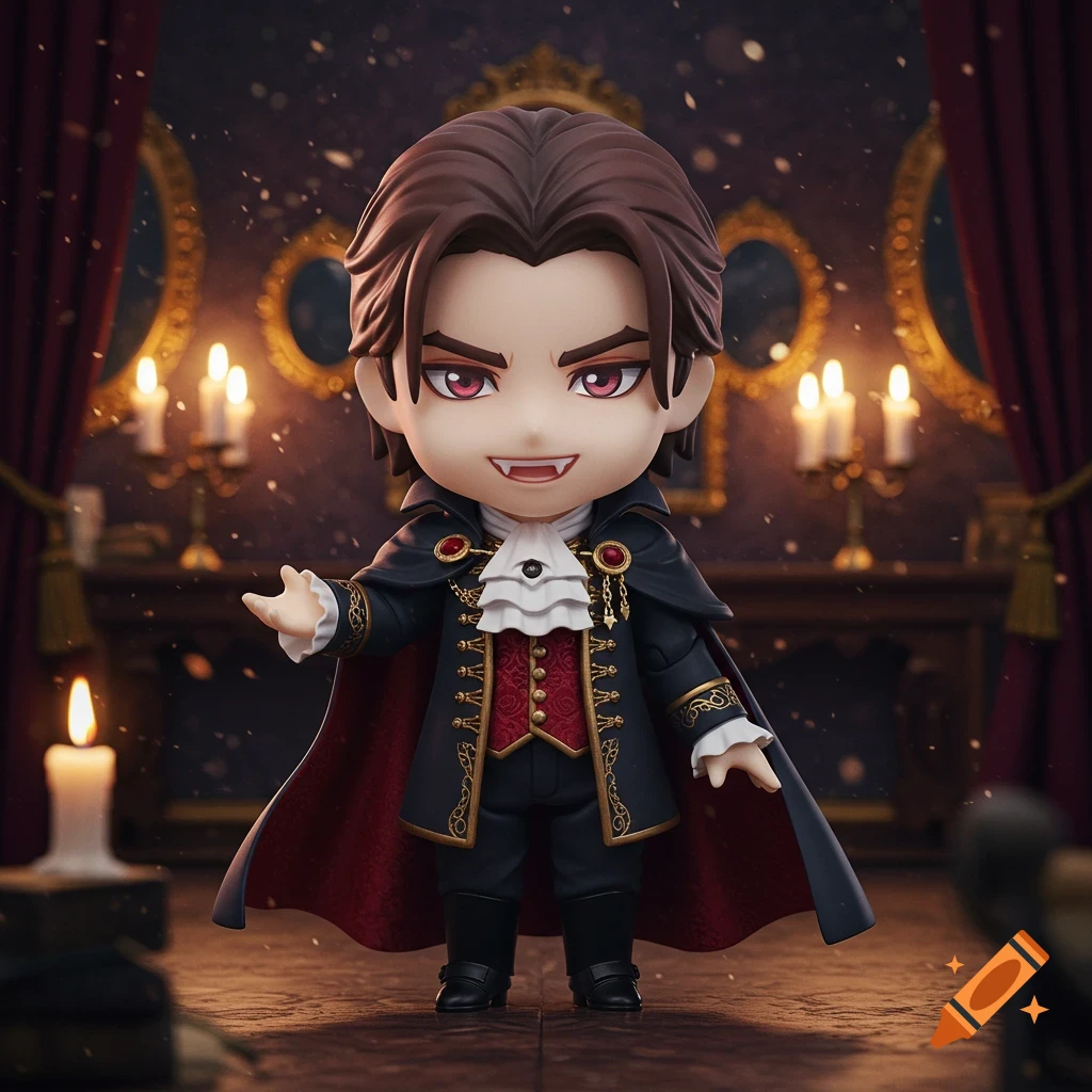 A Nendoroid-style vampire figure with dark hair, red eyes, and fangs, wearing an ornate black and red coat, standing in a candlelit room.