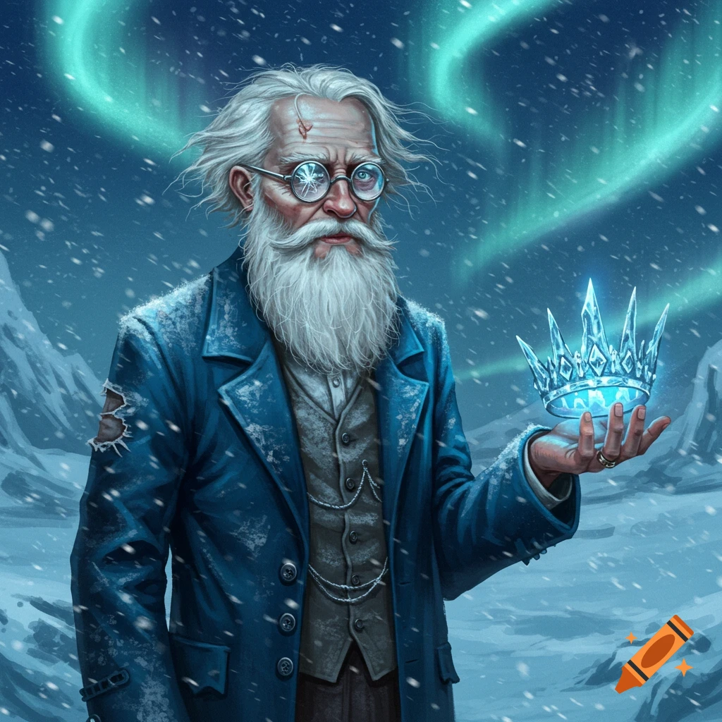 A white-haired old man with a beard and round glasses, wearing a blue coat, holds a glowing ice crown in a snowy landscape with the aurora borealis.
