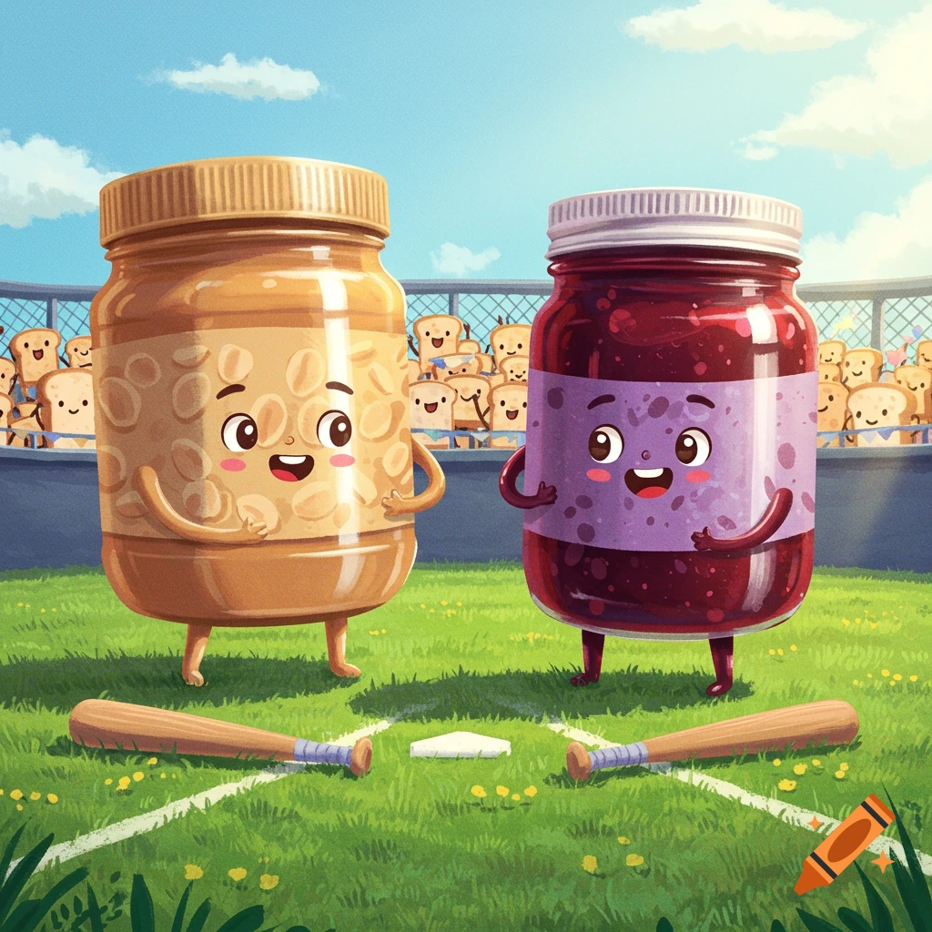 A cute cartoon peanut butter jar and jelly jar stand on a baseball field with bats and a home plate. Toast slice characters watch from the stands.