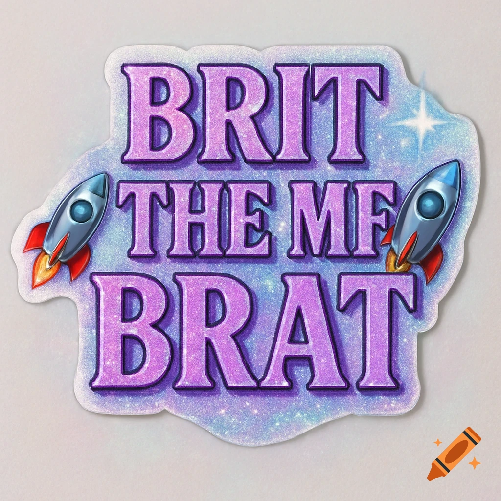 A glittery purple sticker with the text 'BRIT THE MF BRAT' flanked by two cartoon rocket ships.