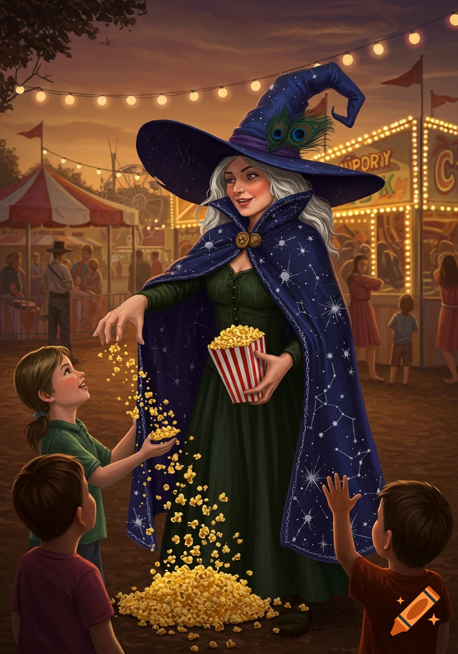 A white-haired witch in a starry cloak and pointed hat scatters popcorn from a striped bucket to two excited children at a lively carnival at dusk. Stylized illustration.