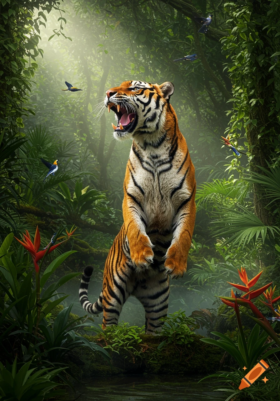 A photorealistic tiger stands on its hind legs roaring in a lush rainforest with sunbeams and birds.