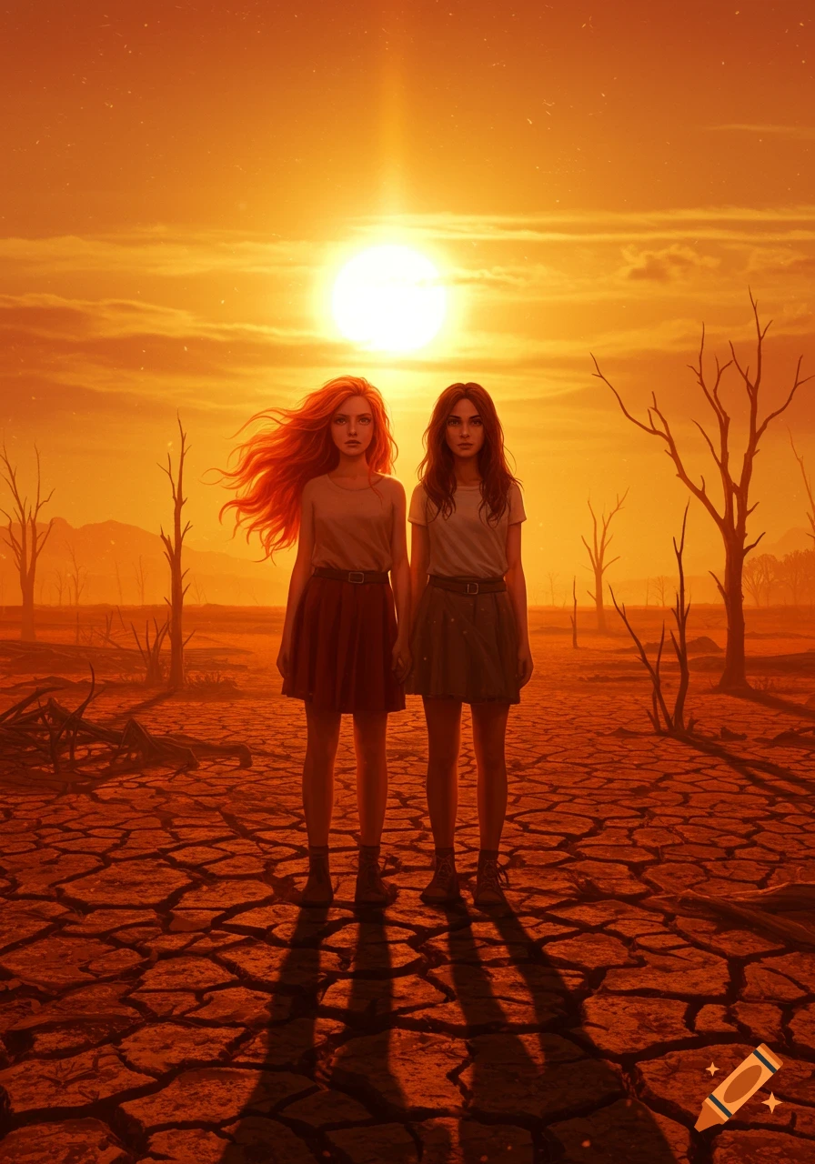 Two young women, one with red hair and one with brown, stand on cracked earth in a desolate, sun-drenched landscape with dead trees under an orange sky.