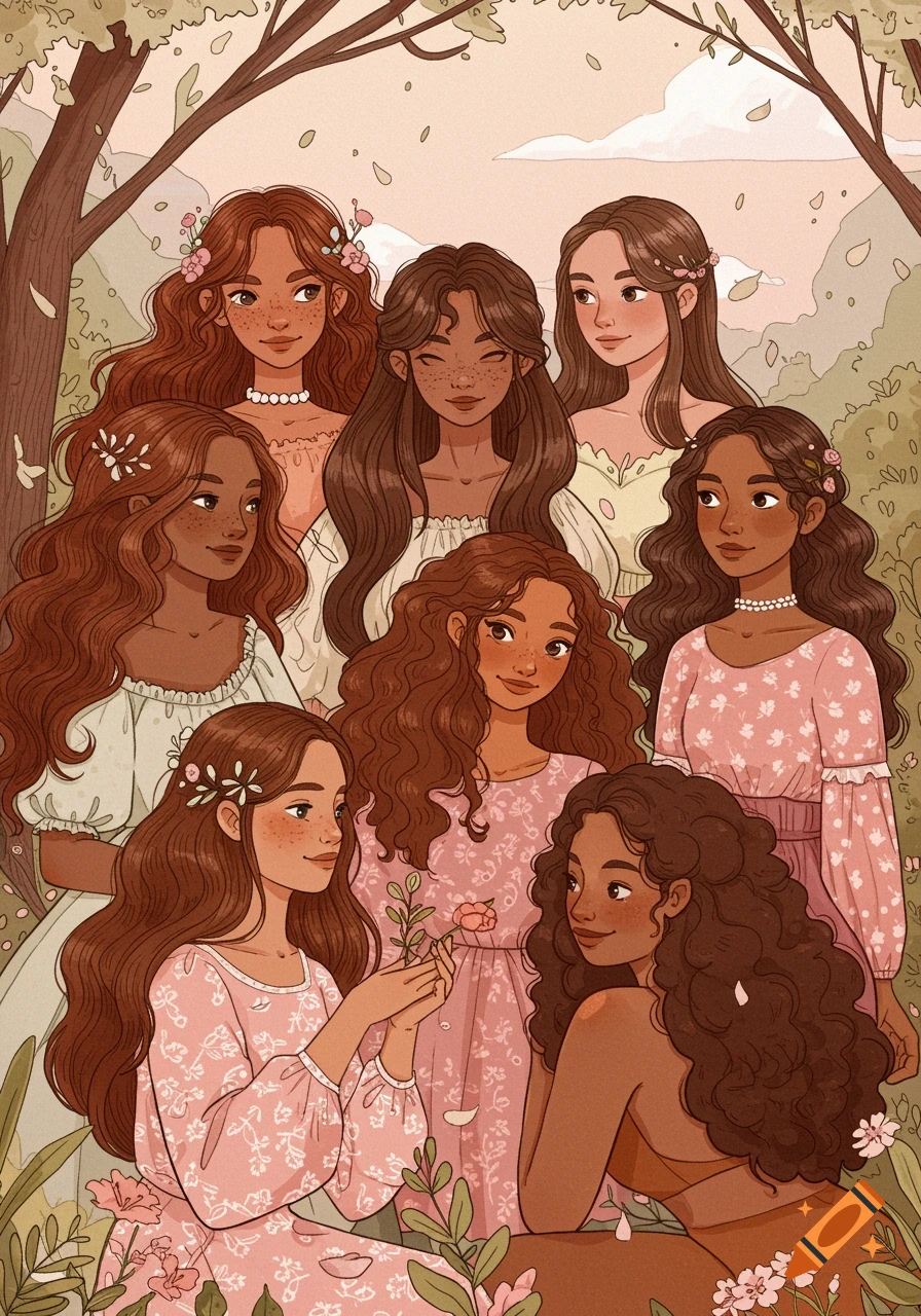 An illustration of a group of diverse women with brown hair in a soft, floral, natural setting.