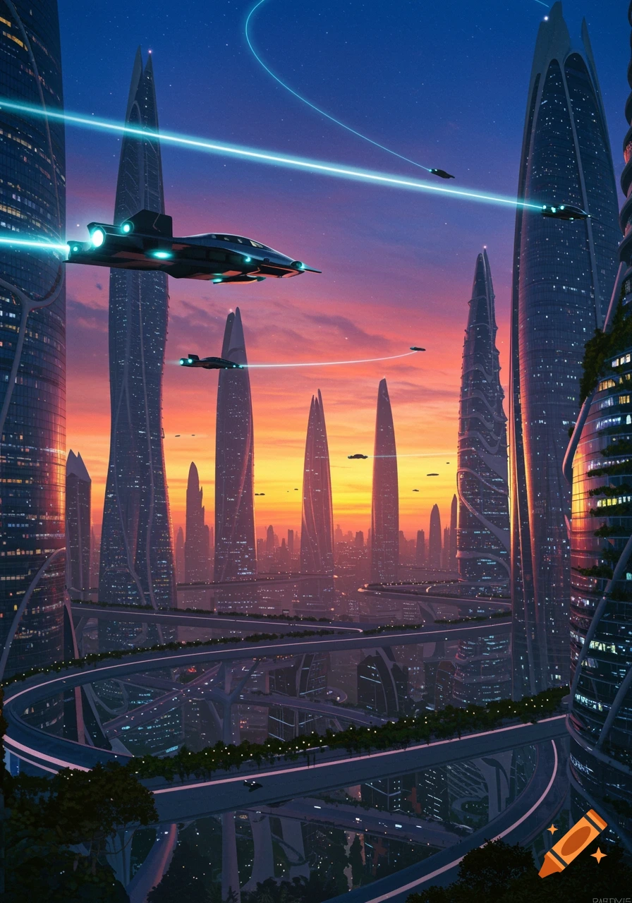 A vibrant futuristic city at sunset with towering, organic-shaped skyscrapers and flying vehicles zipping through the sky on light trails.