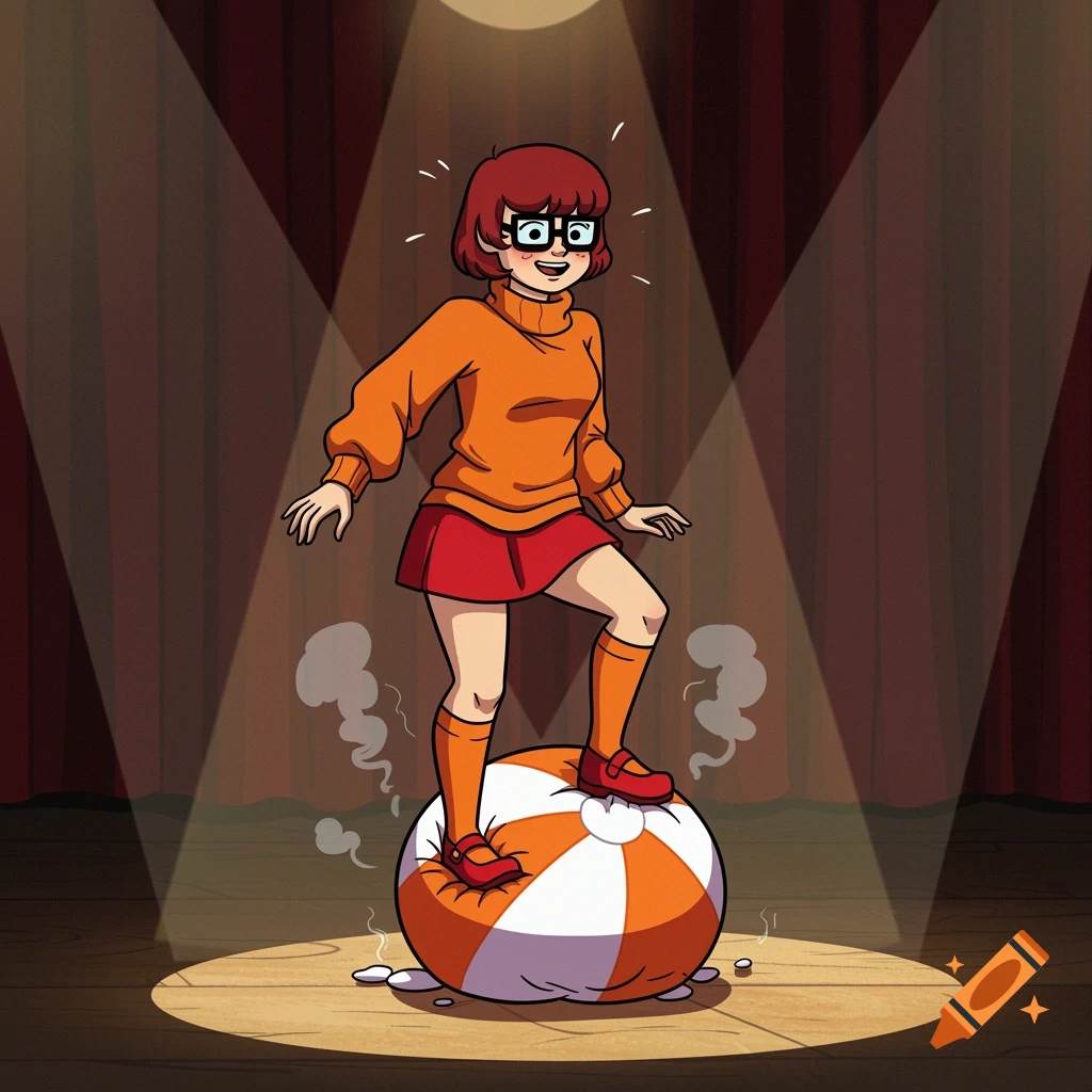 Velma Dinkley from Scooby Doo stands precariously on a deflating orange and white beach ball under spotlights on a stage in a 2D cartoon style.