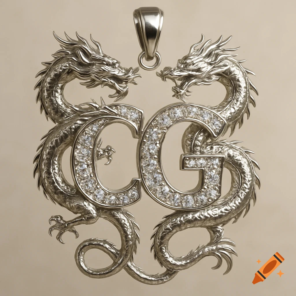 A silver jewelry pendant shaped like two intertwining dragons with a central 'CG' made of sparkling diamonds.