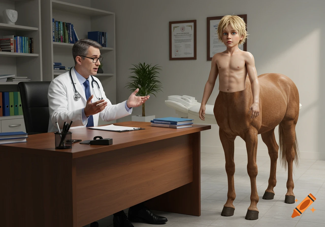 A photorealistic image of a male doctor in a white coat speaking to a young blond centaur in a doctor's office.