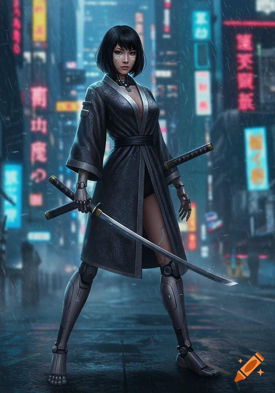 A human-android woman with short black hair and katanas stands in a rainy, neon-lit cyberpunk city.