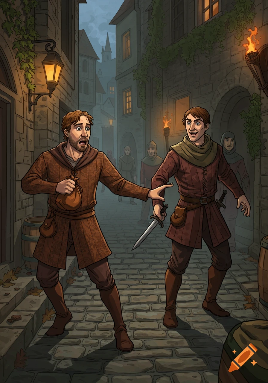 Two men in medieval attire in a dark alley; one appears to be robbing the other with a dagger. Board game style art.