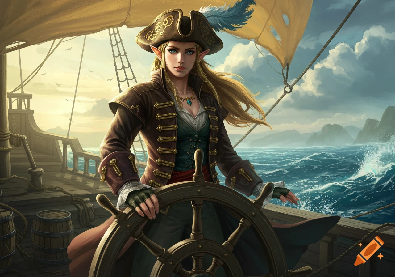 An elf pirate captain with blonde hair and a feathered hat stands at the helm of a ship on a stormy sea, looking forward.