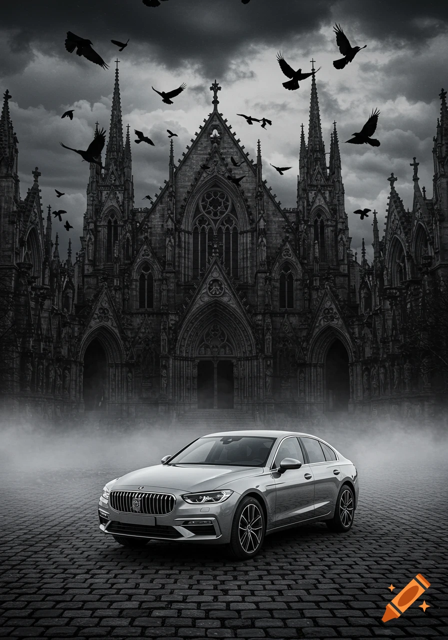 A silver car parked on a cobblestone street in front of a dark gothic cathedral under a cloudy sky with ravens flying.