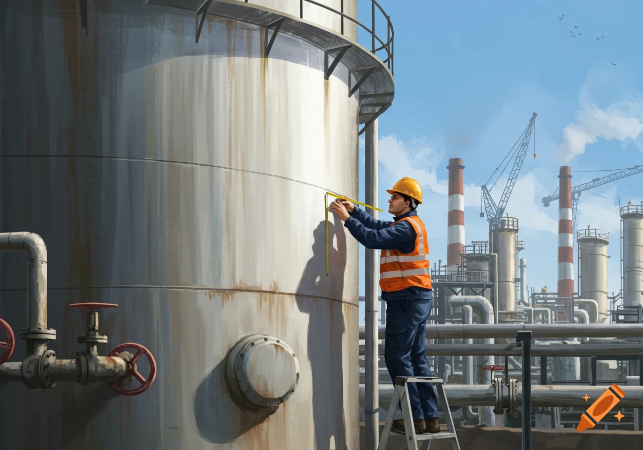 A worker in a hard hat and safety vest measures a large industrial tank at a refinery.